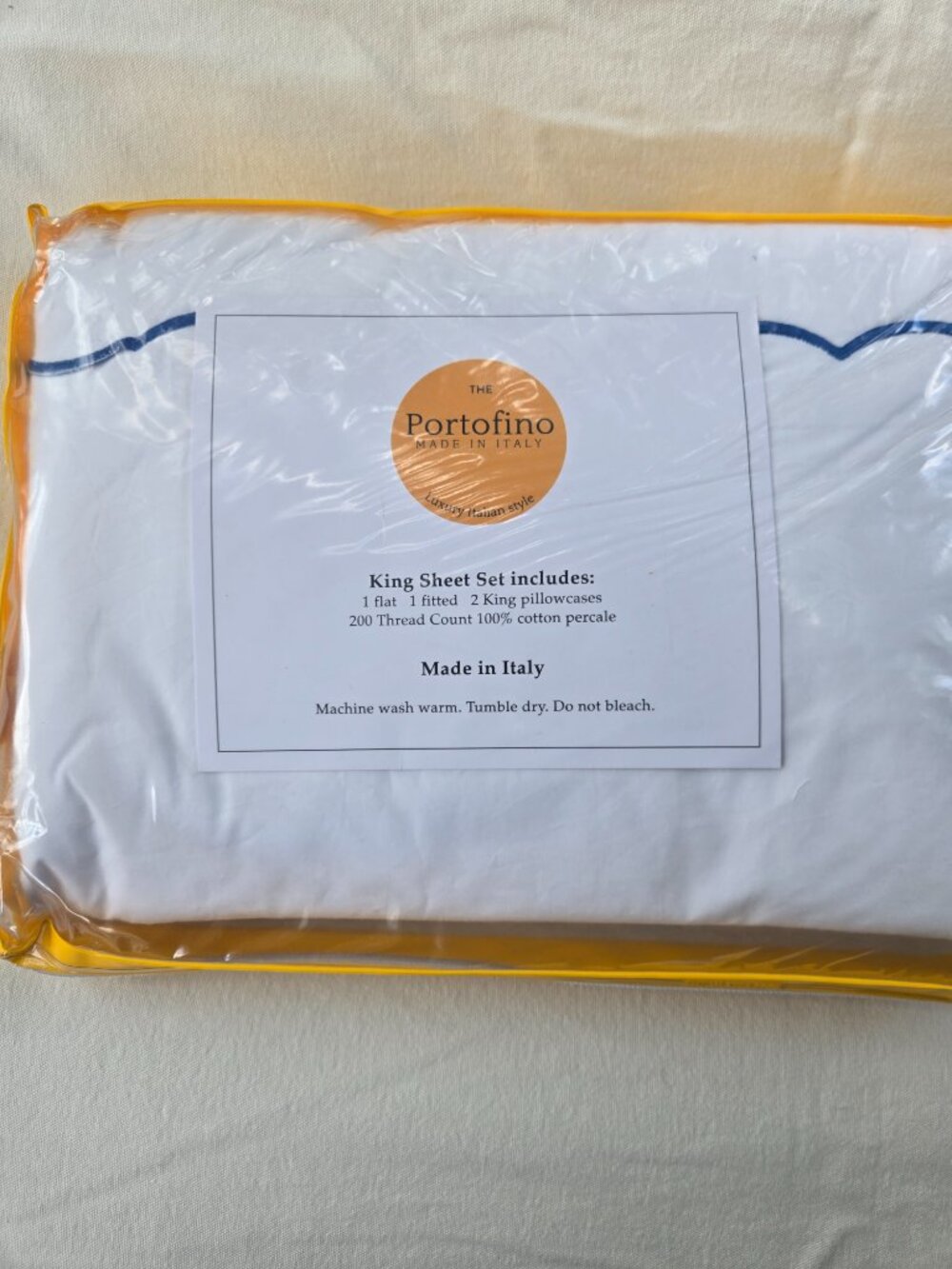 Portofino Embroidered Blue Scalloped KING Size Cotton Sheet Set Made in Italy - Picture 3 of 10